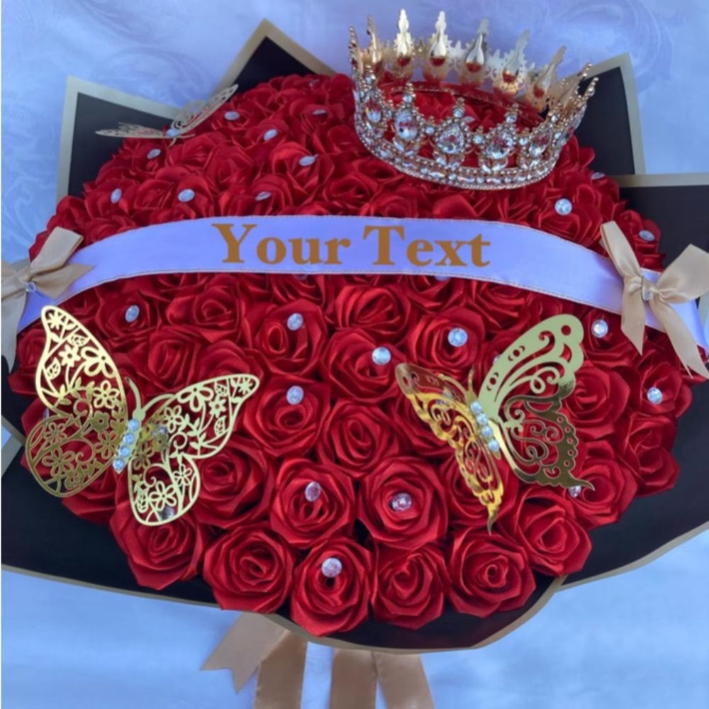 Red eternal Rose Bouquet with Gold Crown and Butterflies